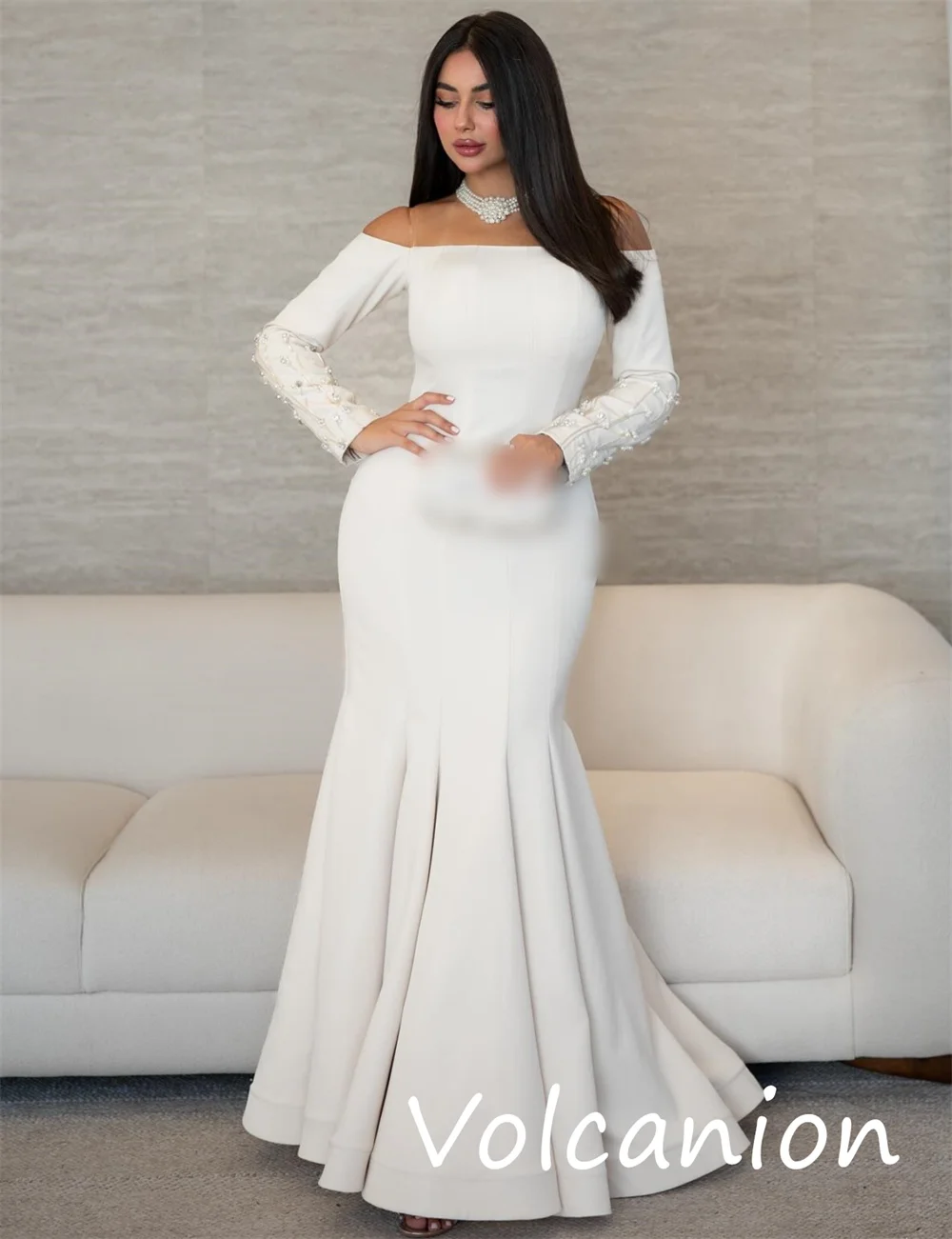 Customized Chinese Style Jersey Sequined Pleat Trumpet Off-the-shoulder Long Dresses Bespoke Occasion Simple