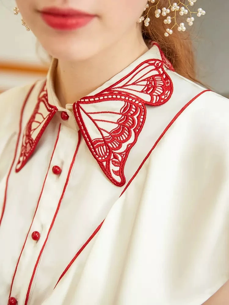 92-100cm Bust Spring Autumn Original Design Women Butterfly Embroidered Sleeveless Shirts/Blouse