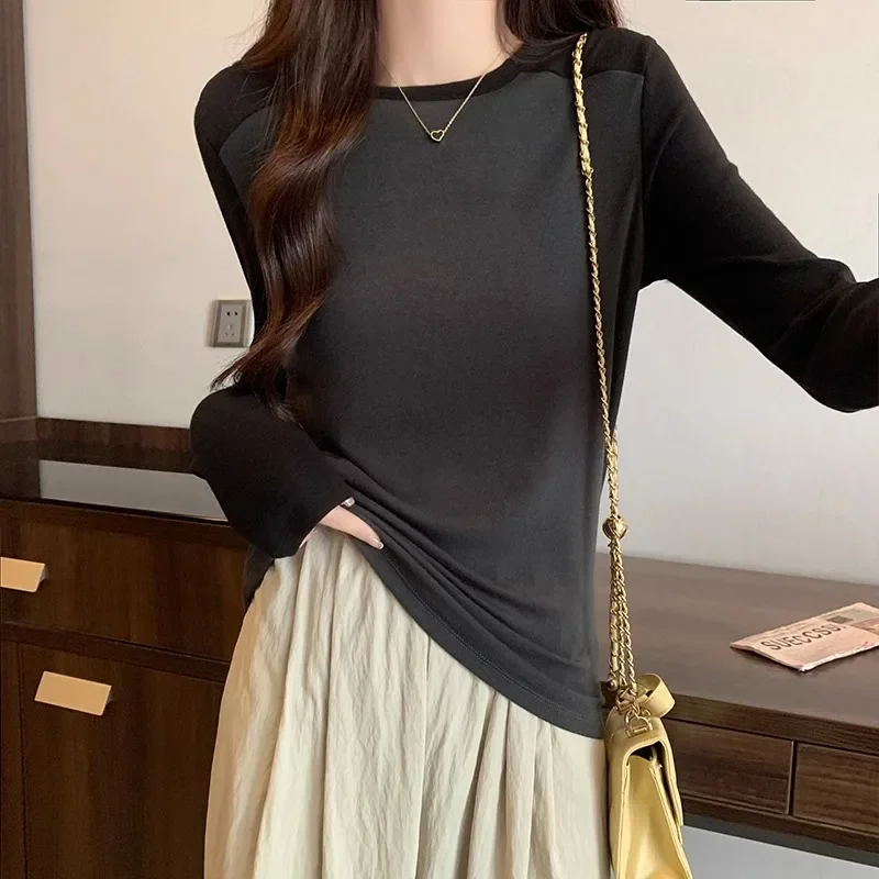 Round Collar Front Shoulder Long Sleeve Splicing Slim Fit Non revealing Waist T-shirt Autumn Elastic Base Shirt Top for Women