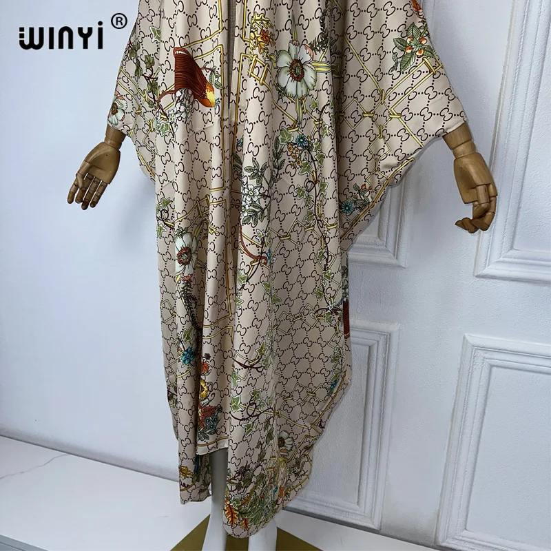 Winyi Zomer Mode Strand Brief Print Cover Up Boho Vest Elegante Sexy Vakantie Kimono Strandkleding Vrouwen 2024 Kaftan Jurk