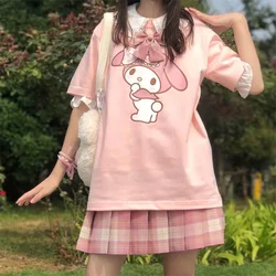 Y2K moja melodia dziewczęca różowa koszulka Kawaii Cartoon Sanrio czysta bawełna krótki rękaw lato luźny Top Trend koreański styl ubrać