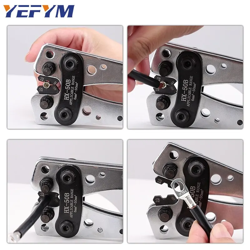 Tube Terminal Crimper Hex Crimp Tools HX-50B Pliers 6-50mm2/AWG 10-0 Multitool Battery Cable Lug Cable Hand Tools YEFYM