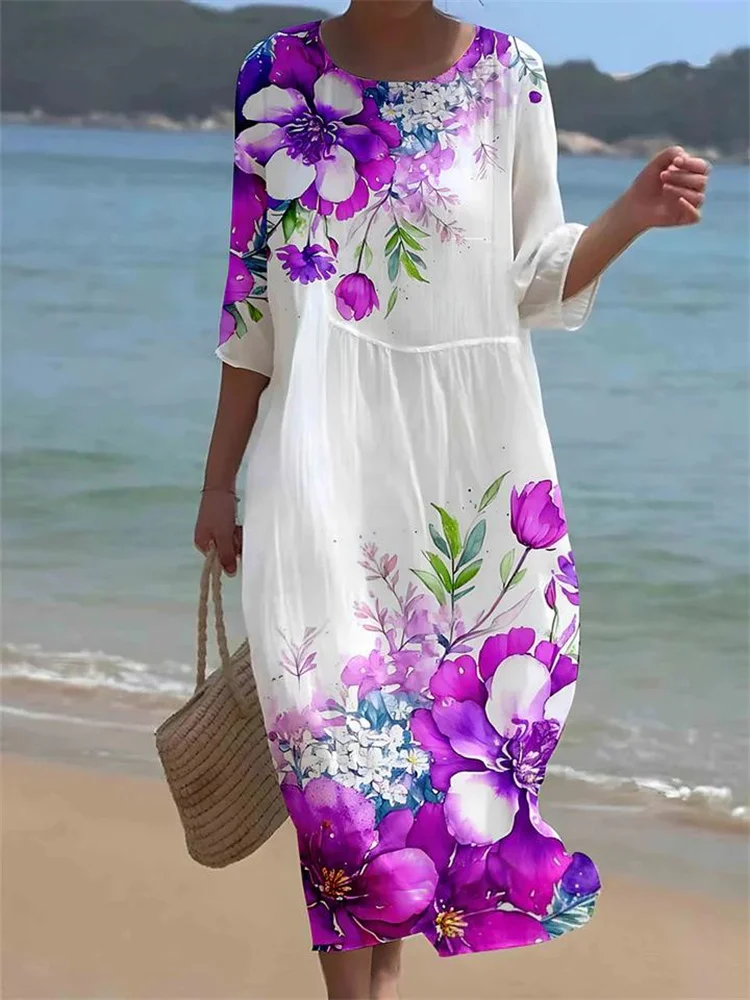 

Fashion Printed Long Dress Women Elegant O Neck Puff Sleeve Big Swing Dresses 2024 Summer Chic Female Vacation Dress