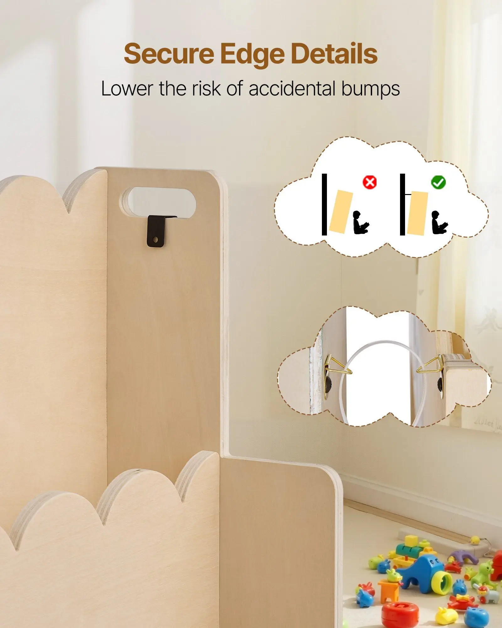 3段モンテッソーリ本棚、波型デザインの前面、幼児用本棚、子供部屋、保育園、幼稚園用のデュアルフック付き