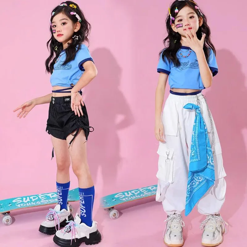 Crop Tops Cargo Pants Children Streetwear Clothes Kids Mini Shorts Street Dance Jazz Showing Costumes Girls Hip Hop Outfits