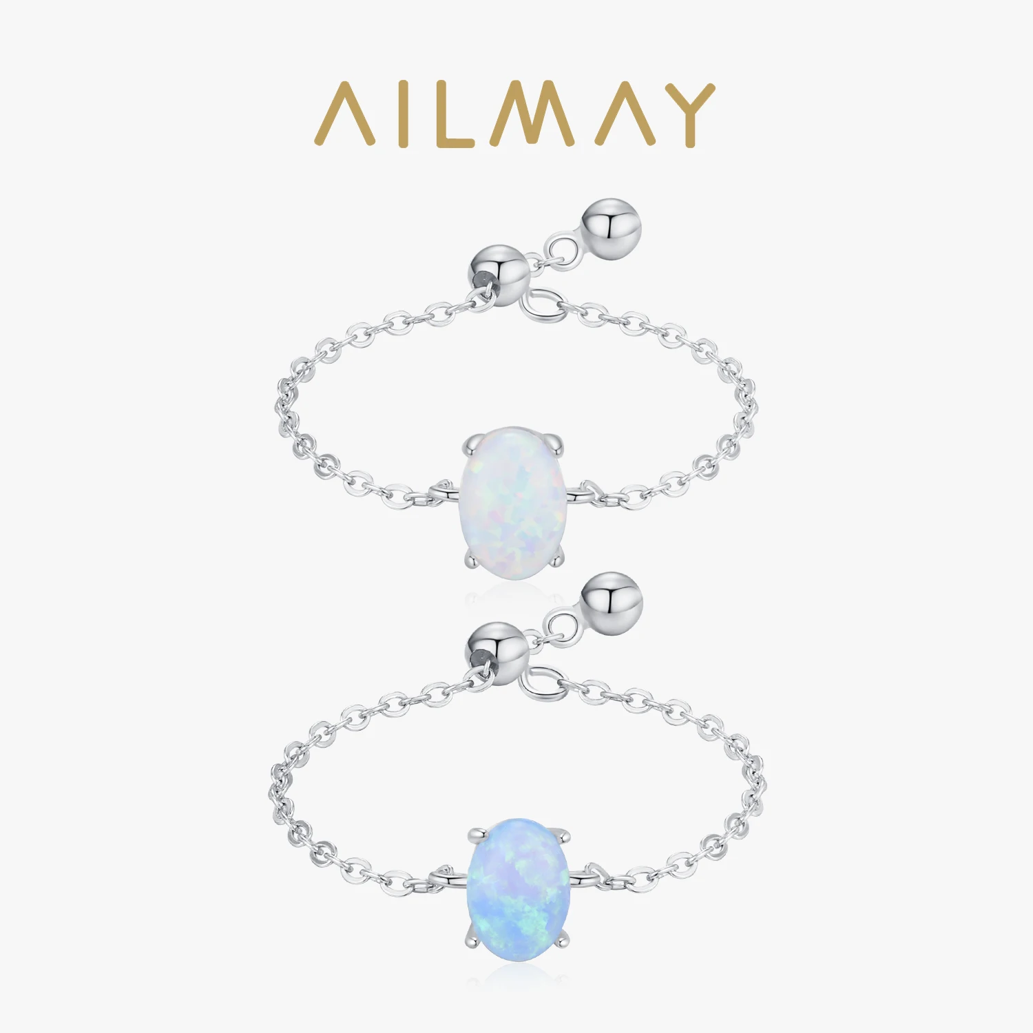 Ailmay 925 Sterling Silver Fashion Oval White Opal Adjustable Link Chain Rings For Women Engagement Anniversary Jewelry Gifts