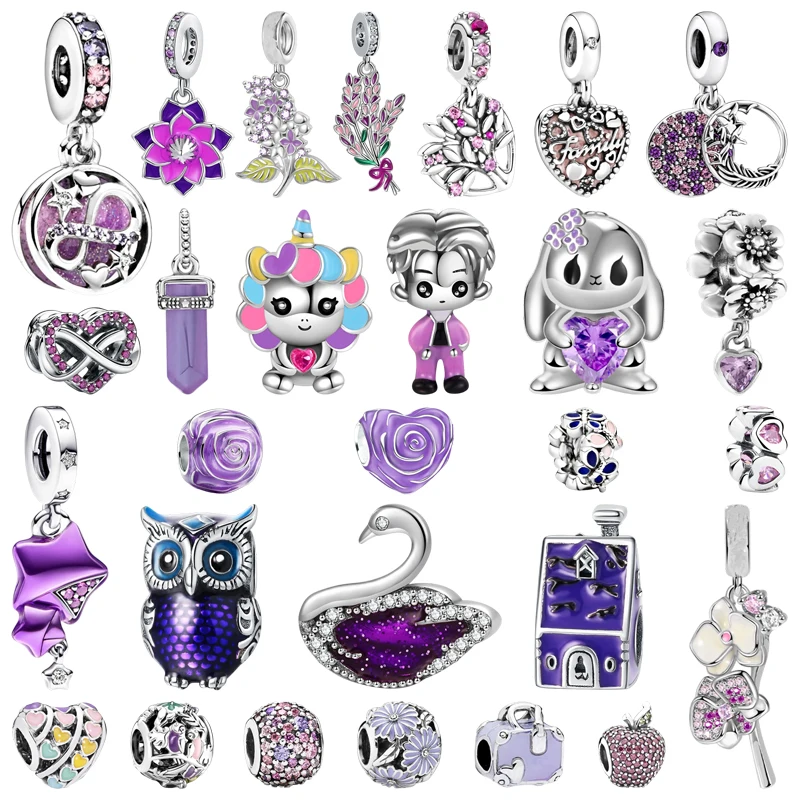 

DIY Women Jewelry Gifts Pink Purple Series Charms Glittering Infinity Hearts & Stars Lavender Flower Beads Fit Original Bracelet