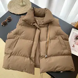 Comfy  Simple Solid Color Stand Collar Winter Cotton Puffer Vest Versatile Padded Puffer Drawstring Hem   Female Clothing