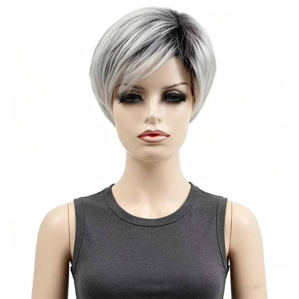 2 Colors Ombre Short Synthetic Wig Pink Brown Grey Black Heat Resistant Pixie Cut for Women Easy to Wear Stylish Hair Replacemen