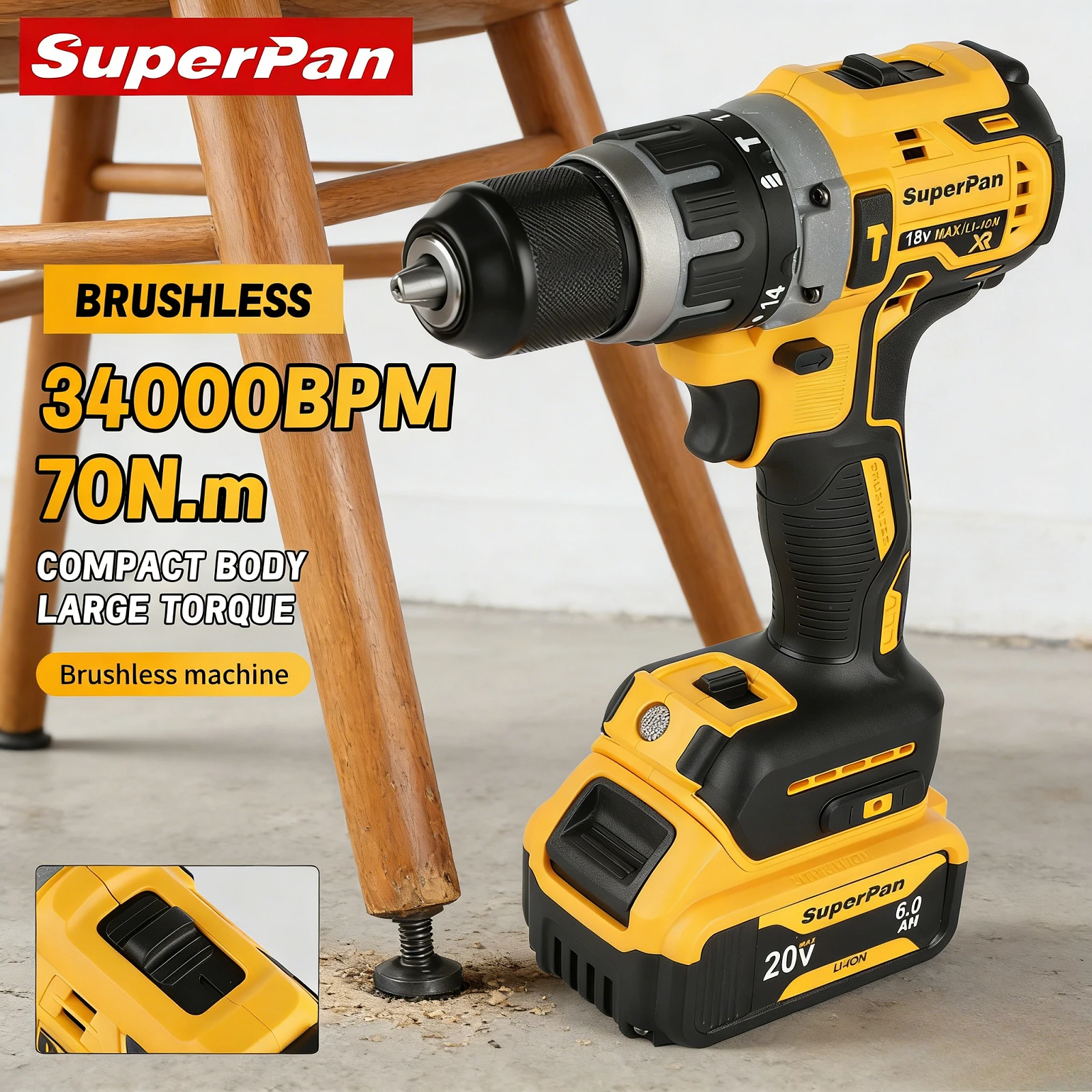 

SuperPan Compact DCD796 20V 70N.m 34000bpm 40/13/13mm DIY Wine Rack Assembly Brushless Lithium Drill For Dewalt 20V Battery Pin