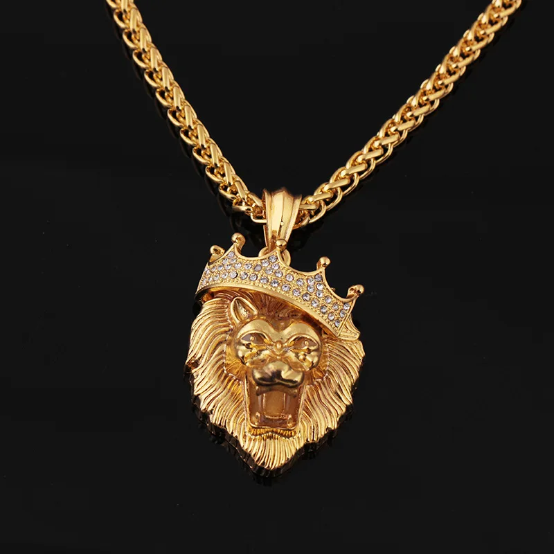 The Lion Head Alloy Men\'s Necklace Personality Crown Lion Hip Hop Rock Pendant Punk Fashion Jewelry Accessories