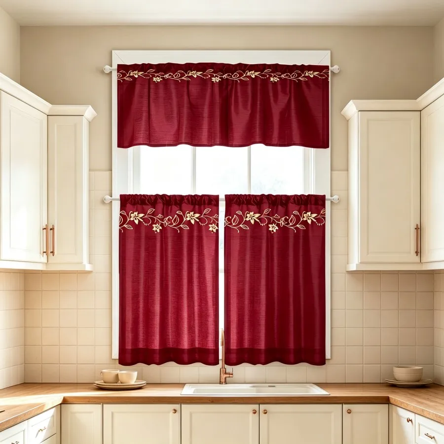 Elegant Kitchen Curtains, Burgundy Gold Floral Vine, Digital Print, Kitchen Dining Room, Rod Pocket Polyester, Home Decor
