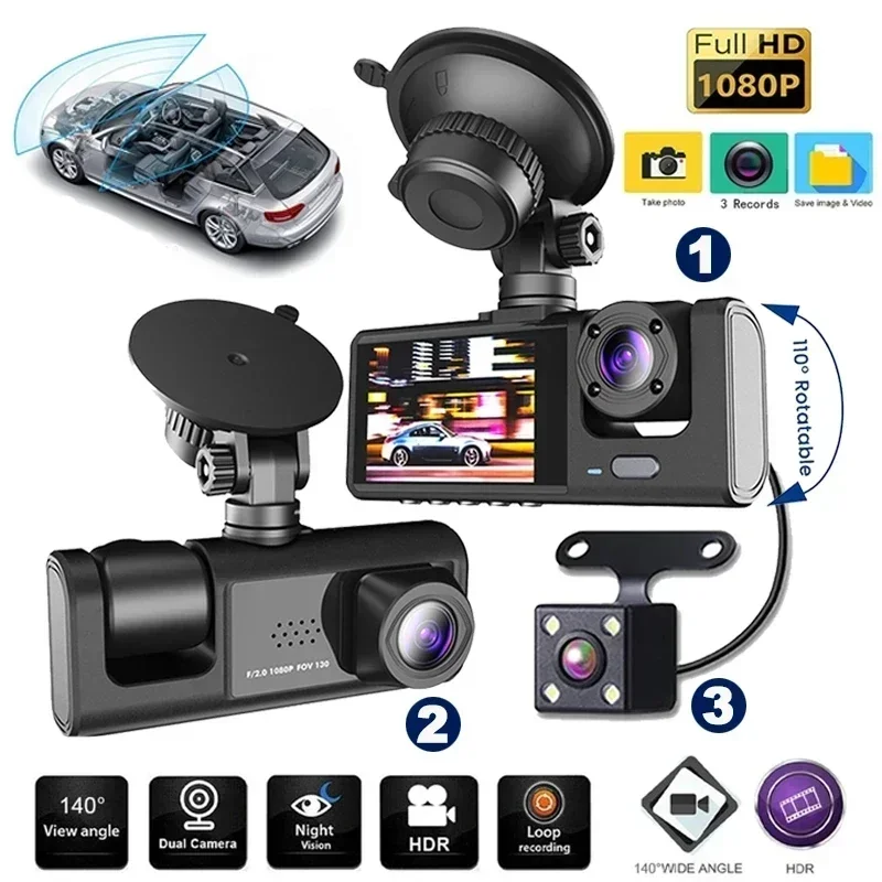 4K Dash Cam 1080P Triple Way Channel Recorder IR Night Vision Loop Record  G-Sensor Inside 3-Camera Dashcam