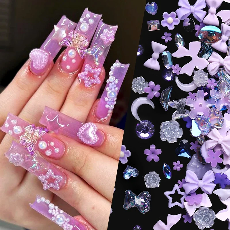 100/200 sztuk 3D mieszane ozdoby do paznokci Kawaii serce kwiat niedźwiedź perłowy projekt Rhinestone Nail Art Charms biżuteria akcesoria do Manicure