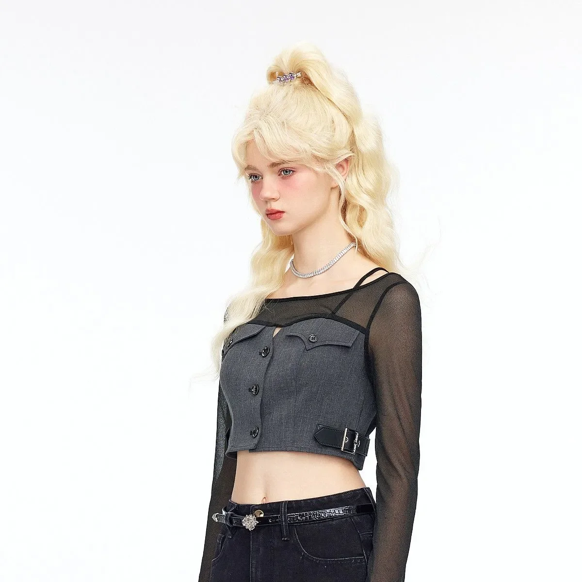 SALIENCY T-shirt a maniche lunghe con scollo all'americana per ragazze speziate con giunture di colore vintage a contrasto Design con linguetta in pelle Top corto in rete sexy