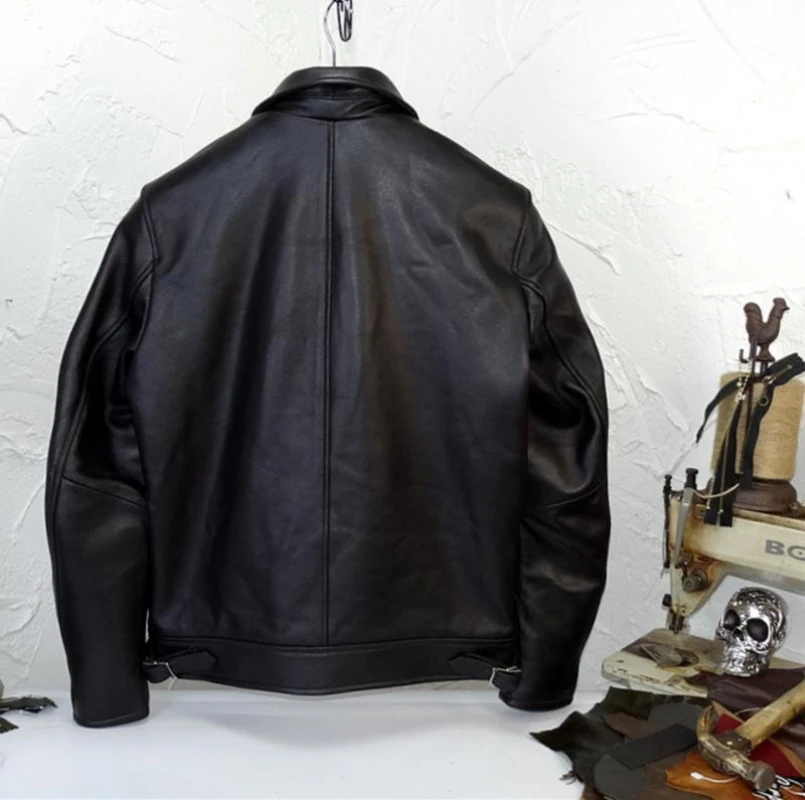 Men's Leather Jacket Cowhide Black Short Slim Motorcycle Coat Windproof Warm Classic Retro Clothes for Male