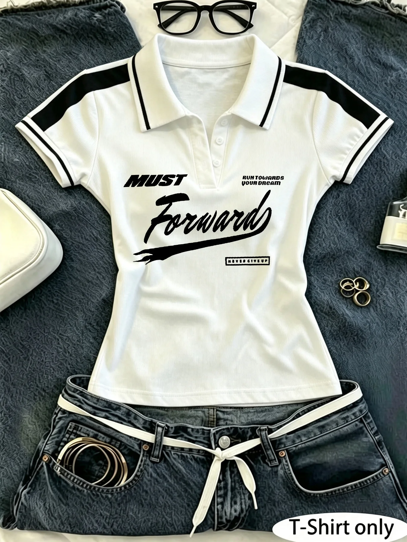 Women’s Y2K Cropped Polo Shirt, Motivational Letter Graphic Contrast Stripe Short Sleeve, Slim Fit Retro Preppy Streetwear Top