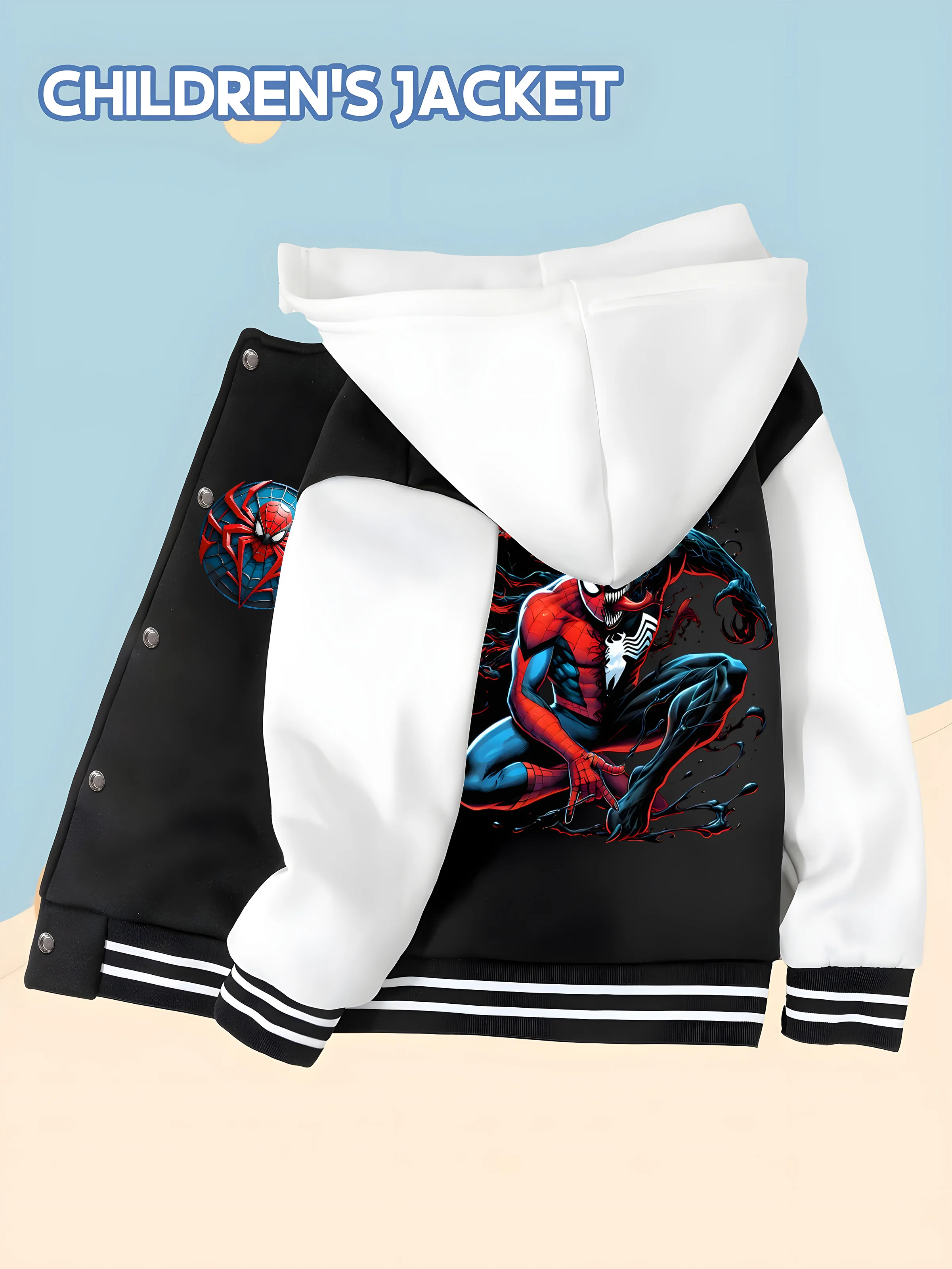 

MINISO Spider-Man Venom collaboration children's baseball jacket - black and white, soft skin-friendly fabric, autumn and winter