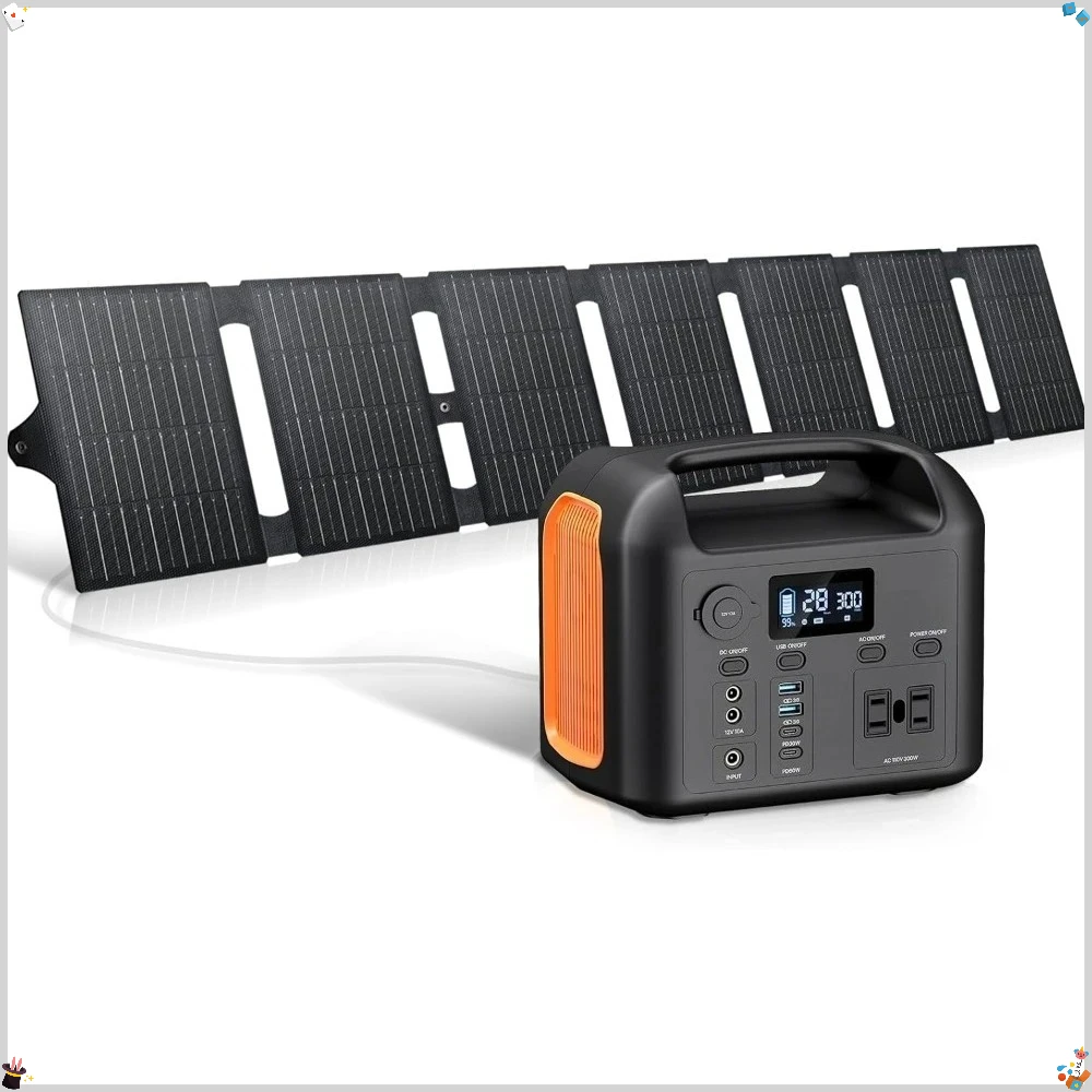 55Wソーラーパネル付きポータブル電源、299Wh LiFePO4バックアップバッテリー、300W純正弦波AC（600Wピーク）