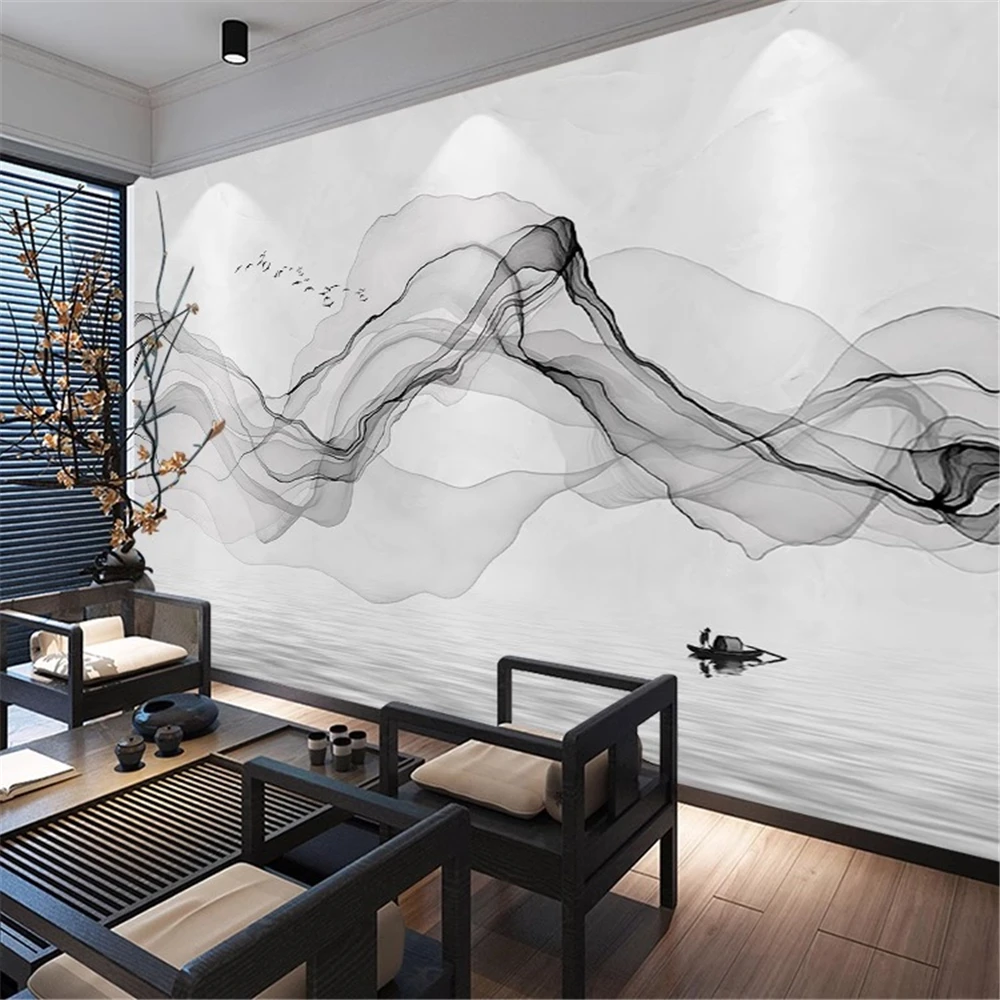 

Custom Photo art White marble Wallpaper Restaurant Clubs KTV Bar 3D deco mural art Ink smoke Wall Paper landscape TV background