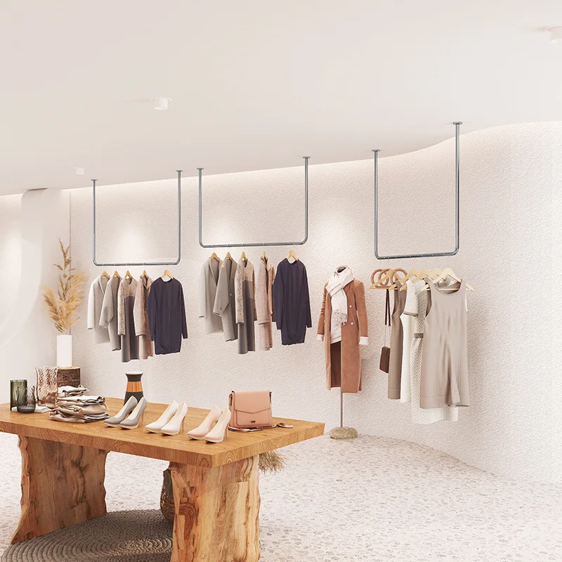 Clothing store display rack stainless steel silver ceiling hanging display rack hanger wall hanging ring women's clothing shelf