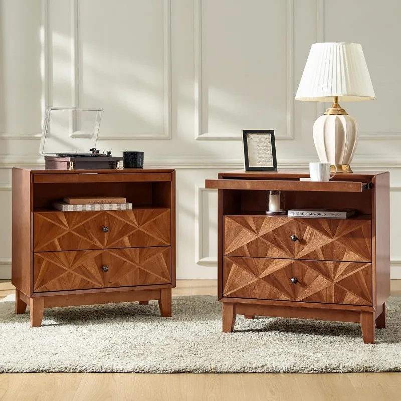 

Mid Century Modern Nightstand with Pull-Out Tray, Geometric Pattern, 2 Drawer Bedside Table with Open Shelf, Chargin