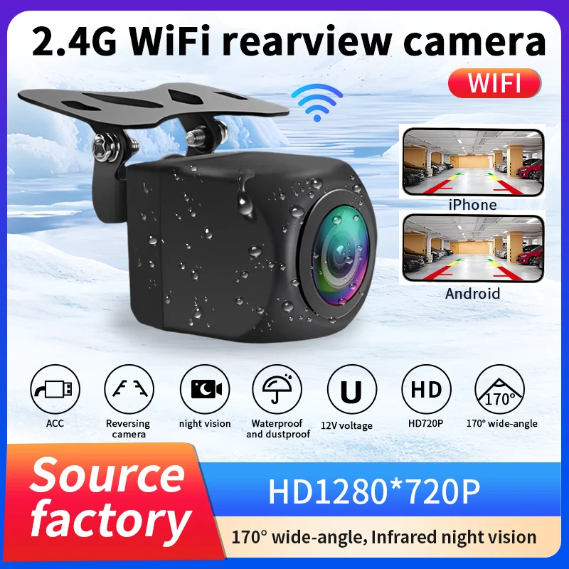 

Беспроводная Wi-Fi камера заднего вида 2.4G, 720P HD, 170° ° Широкоугольная камера ночного видения 12В для заднего вида, совместимая с iPhone и Android, для автомобиля