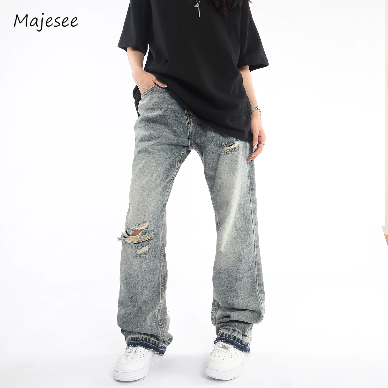 

Wide Leg Jeans Women Loose Ripped Korean Style Slouchy Minimalist High Waist Office Lady Full Length Harajuku Streetwear 2023