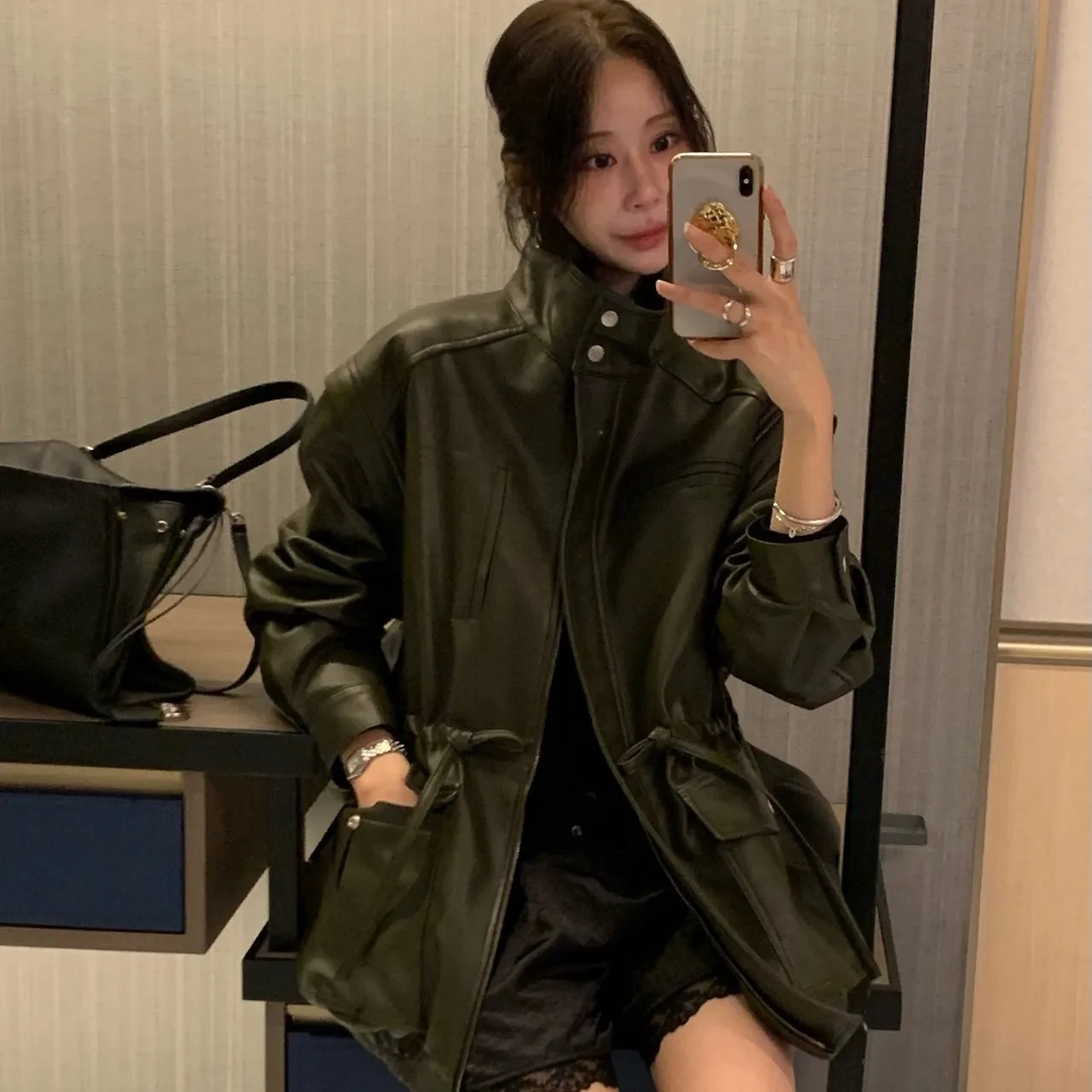 Fashionable Casual Retro Stand Collar Multi Pocket Workwear PU Leather Jacket Women's Coat Stylish Outerwear Mid-Length