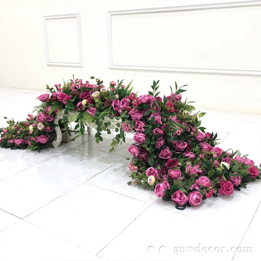 

Customizable White And Pink Rose Flower Runner And Floral Arrangement For Wedding Event