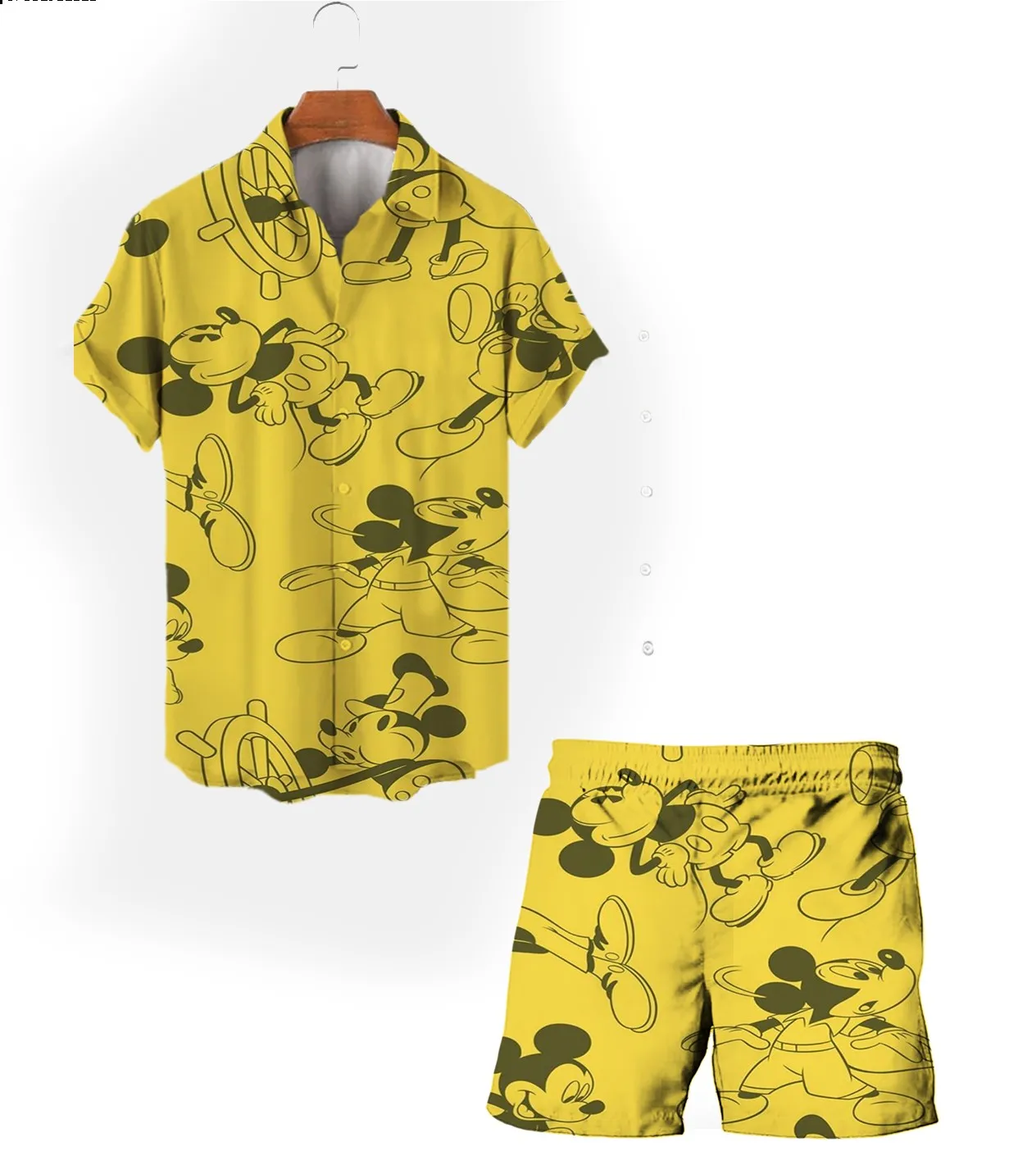 Camiseta de manga corta con estampado de dibujos animados de Mickey para hombre, traje informal de estilo Harajuku con solapa, pantalones cortos de