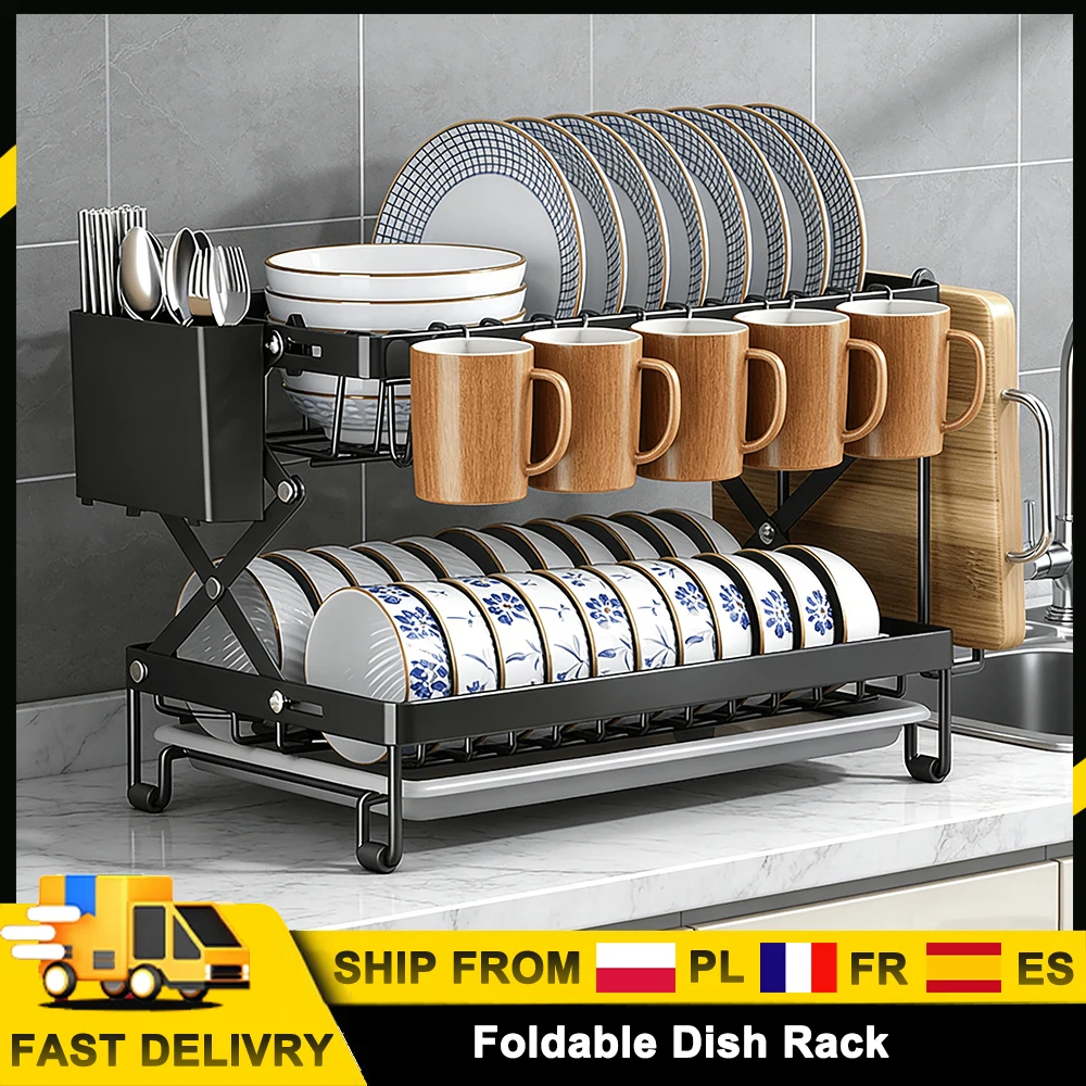 Égouttoir à vaisselle à 2 niveaux avec porte-couverts et support pour planche à découper, égouttoir amovible grande capacité pour cuisine et maison