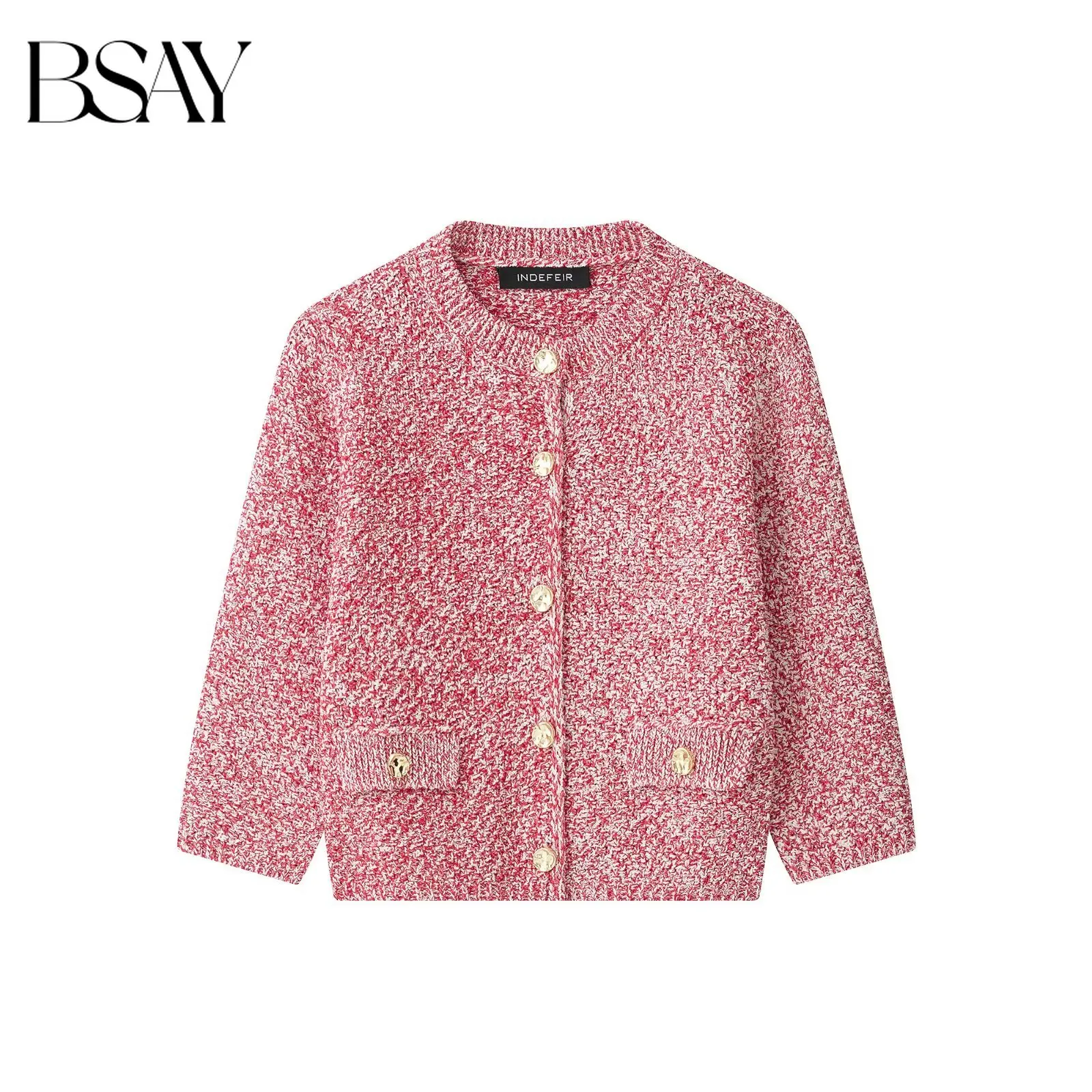 BSAY 2026 New Autumn Women Fashion Round Neck French Style Gold Button Pocket Cropped Knit Cardigan Elegant Commuter Outerwear