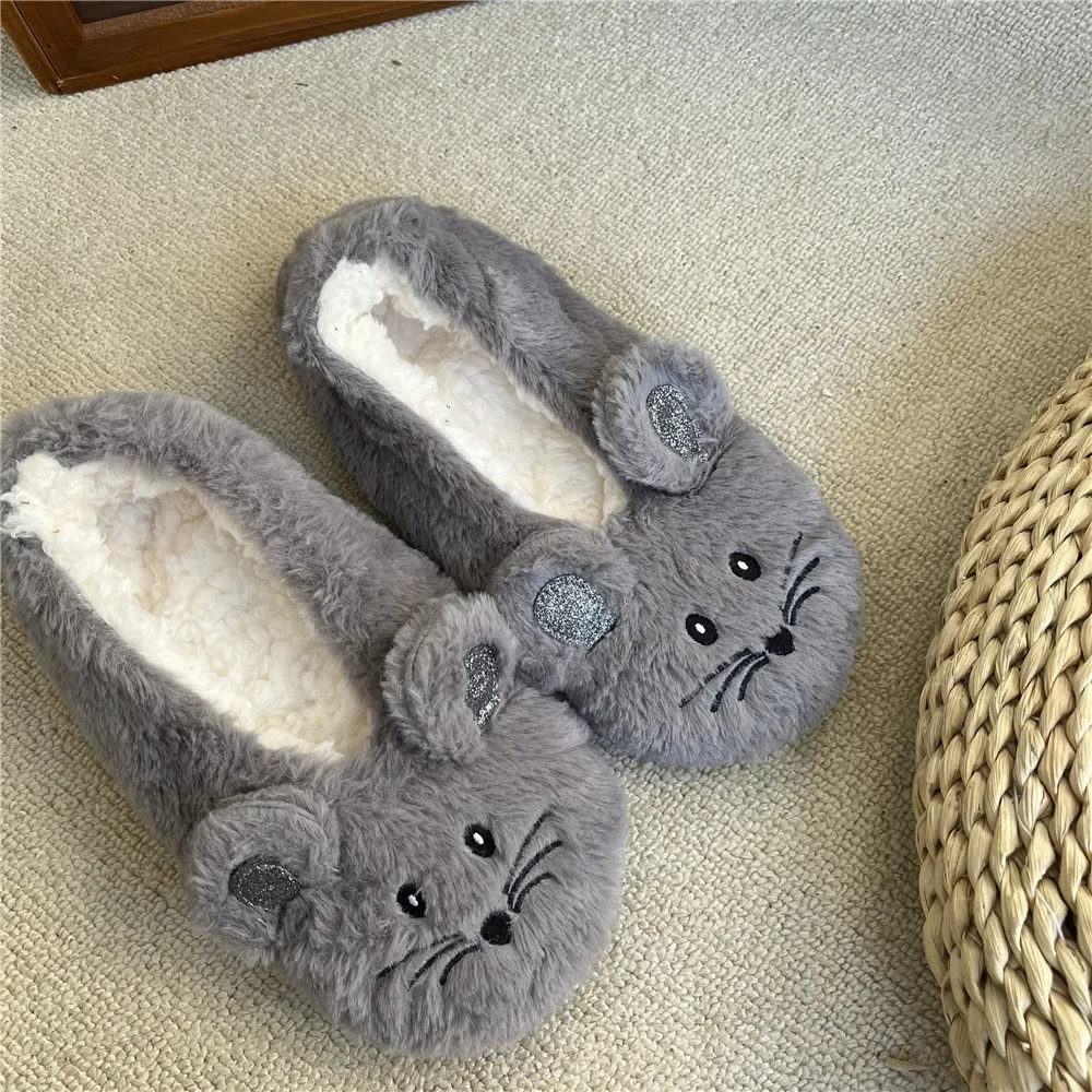 House Slipper Women Winter Non Slip Grip Indoor Fur Contton Warm Plush Home Fluffy Lazy Female Mouse Ears Embroidery Fuzzy Shoe