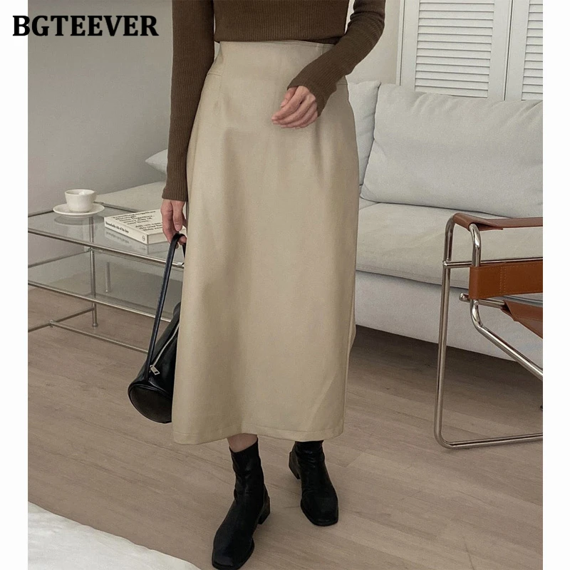 BGTEEVER ヴィンテージスプリットパッケージヒップ女性 Pu レザースカート春ハイウエストストレート女性スカート