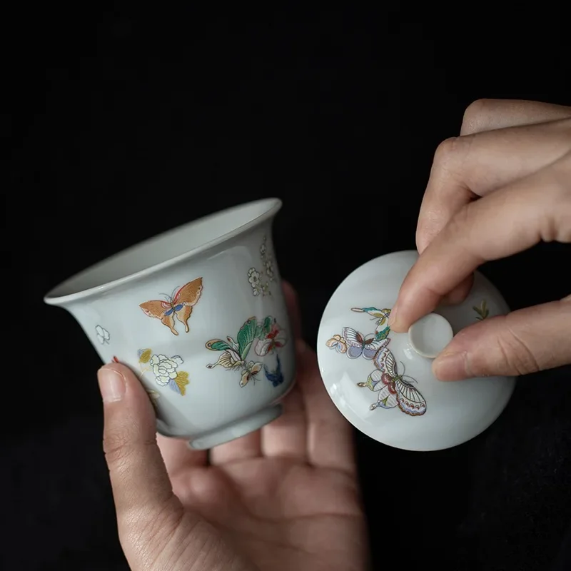Chinese Handmade Moon Butterfly Small Cover Bowl KungFu TeaSet for One Person Drinking Tea Bowl Teacup Ceramic Tea Maker Pot Pad