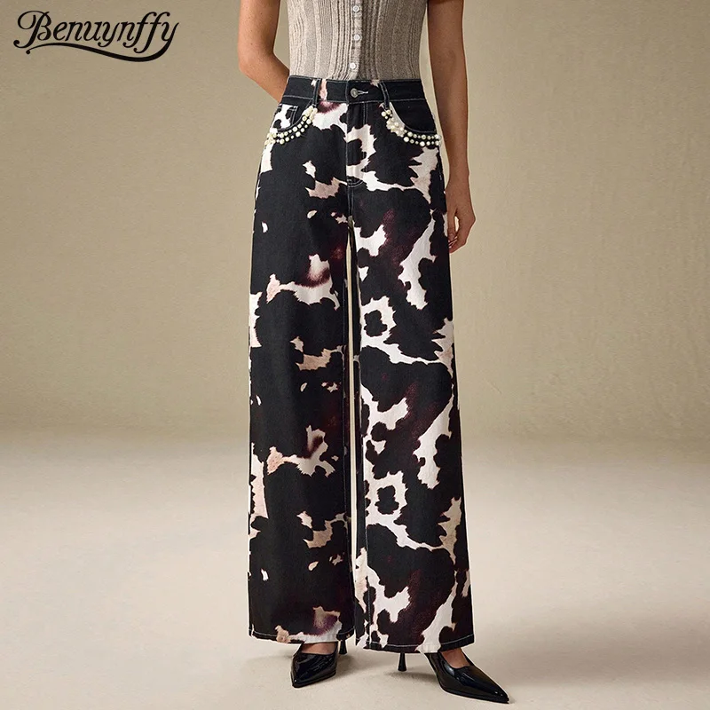 Benuynffy Jeans da donna stampati con perline di perle Streetwear Pantaloni in denim a gamba larga dritti larghi a vita alta vintage da donna