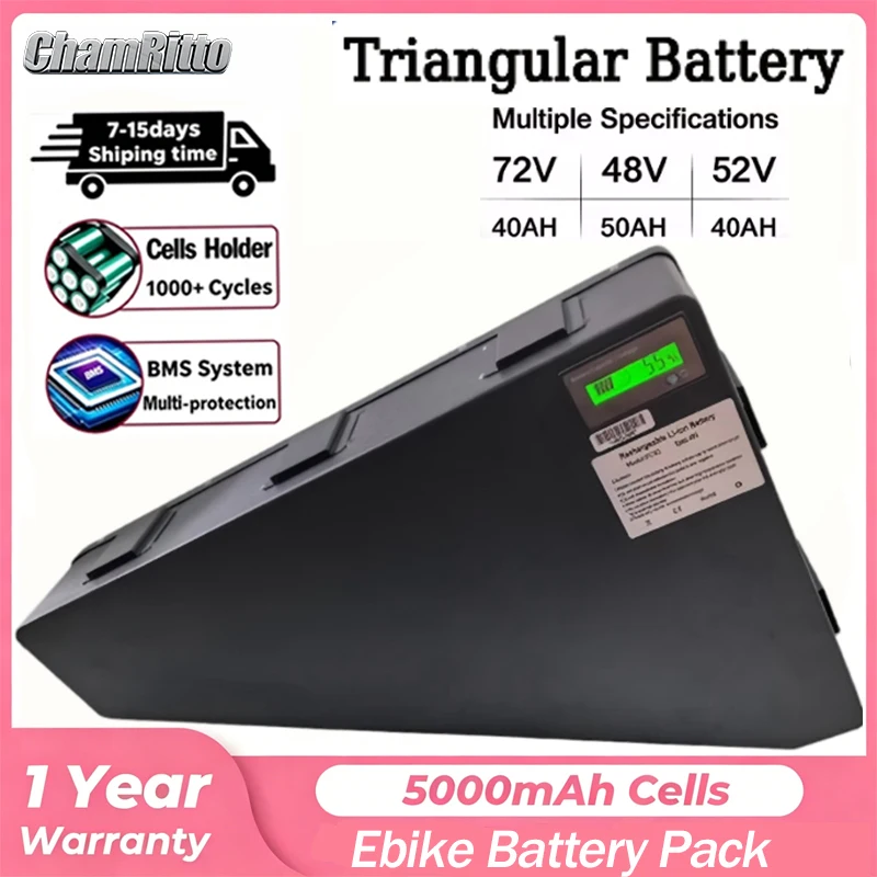 52V 48V 36V 60v 72v Triangle 18650 Cell 20AH 24ah 30AH 35ah 40AH Huge Capacity 3000W 50Ah60ah Ebike Lithium Battery with Charger