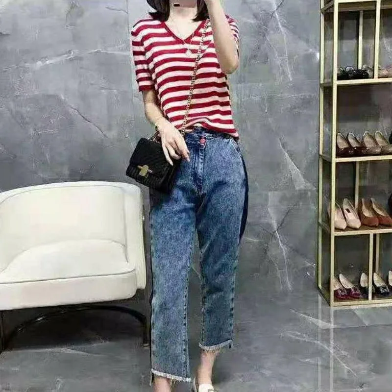 Women\'s Clothing Casual Comfortable Striped V-Neck T-shirt Summer Fashion All-match Simplicity Short Sleeve Tops for Female