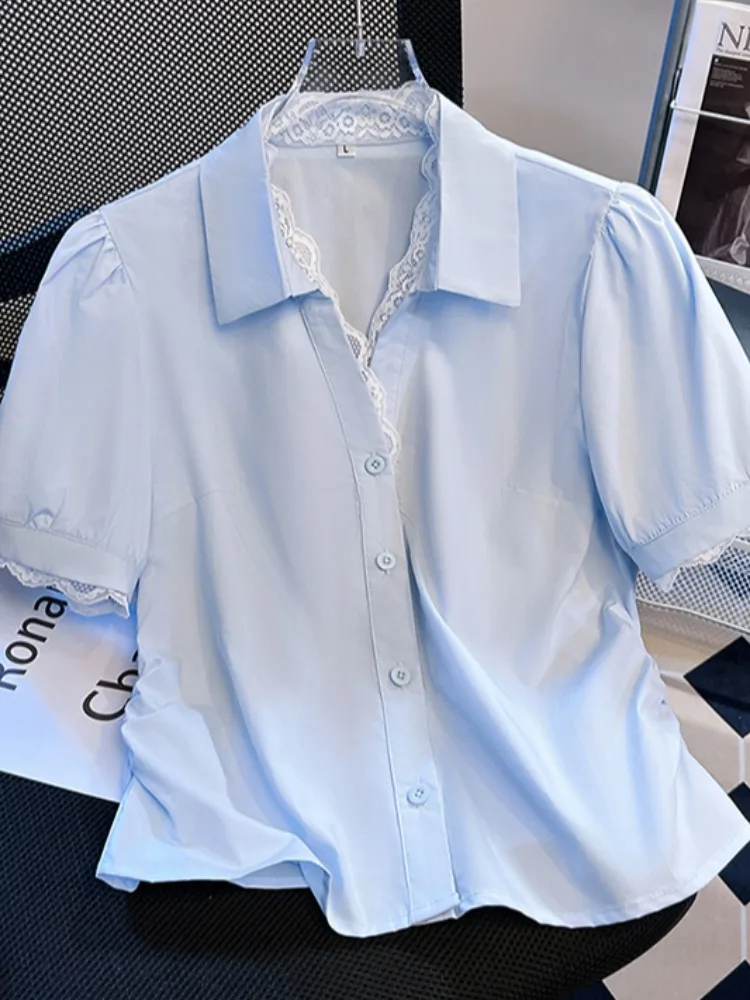 

Korean Sle High Waist ort Sve Lace Insert Collar irt Women's Summer Slim Fit ort Length Top Commute Wear