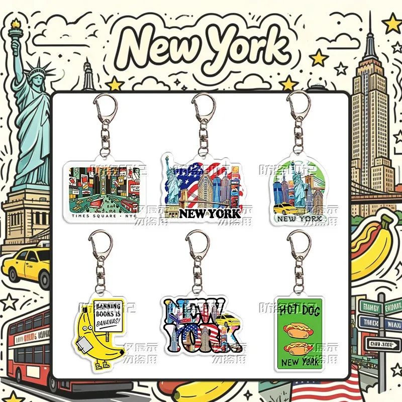 New York City Landmark Pattern Double Sided Print Acrylic Keychain American Travel Memorial Gift Tourist Souvenir Lover Memorial