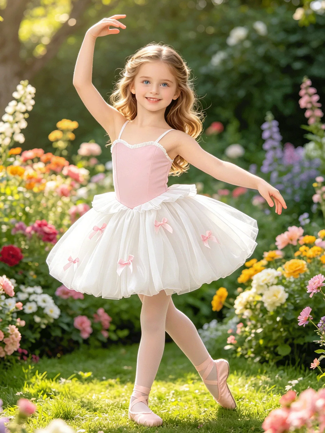 Girls Ballet Tutu Dress Spaghetti Strap Pink White Bow Kids Dance Costume Princess Dress for Birthday Stage Performance 2-8Y