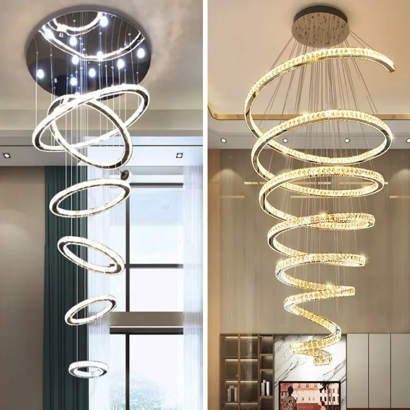 Large Crystal Chandelier for Villa Living Room High Loft Duplex Hollow Rotating Staircase Long Pendant Light Luxury Home