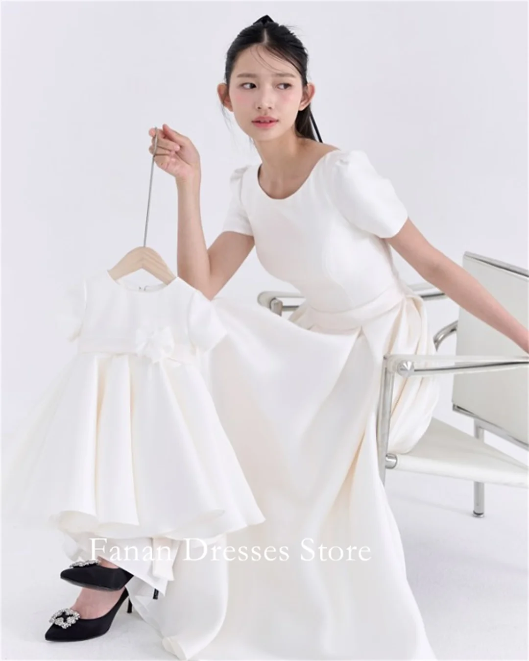 Fanan coreia barco pescoço cetim elegante a linha vestidos de casamento simples nne franzido rendas marfim personalizado bonito noiva gow