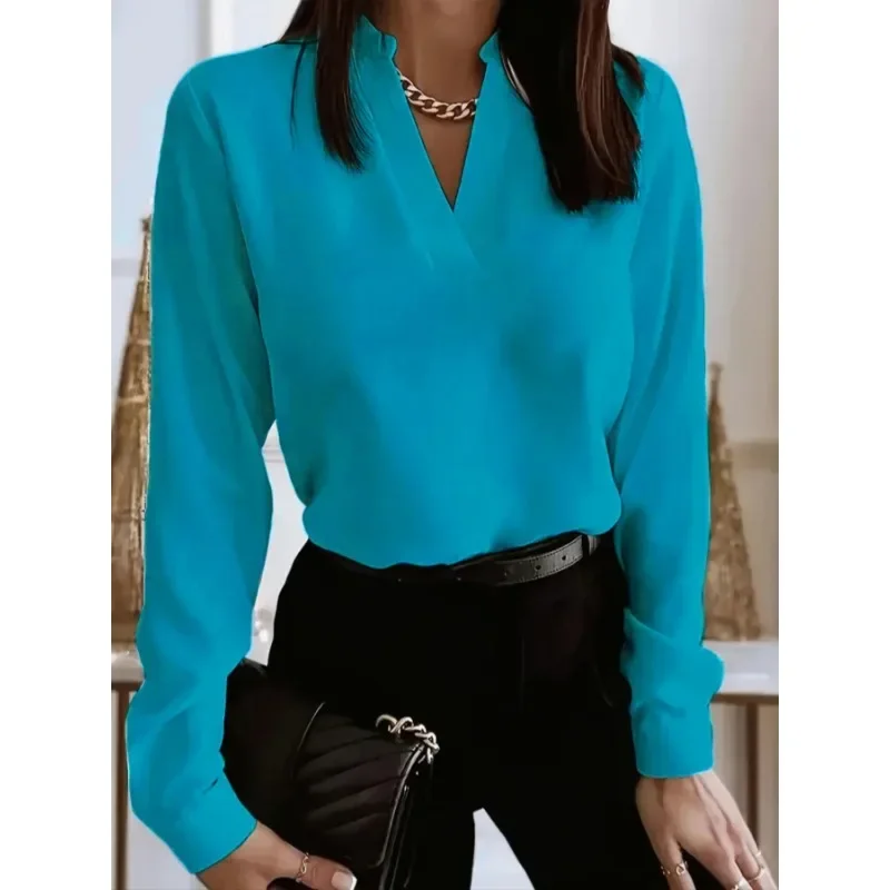 

Плюс размер 1XL-5XL, новая женская повседневная новая однотонная удобная универсальная рубашка-пуловер с v-образным вырезом