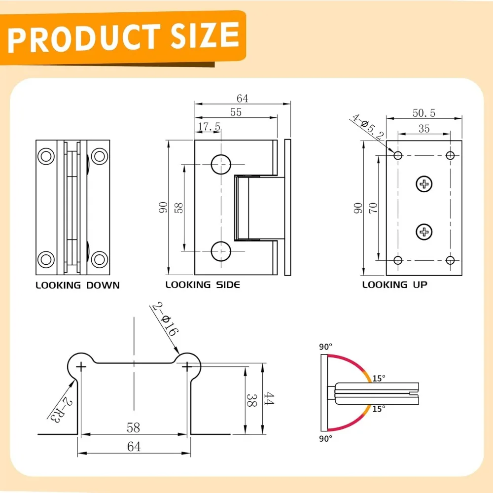 مفصل باب دش نحاسي صلب عالي التحمل 90 درجة، مناسب للزجاج المقسى السميك 3/8 إلى 1/2، تركيب من الجدار إلى الإطار، Du