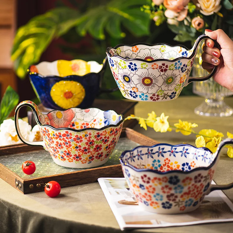 Hand-Painted Ceramic Handle Bowl Set, Vintage Soup Noodle Salad Bowls – Unique Kitchen Tableware Gift for Home