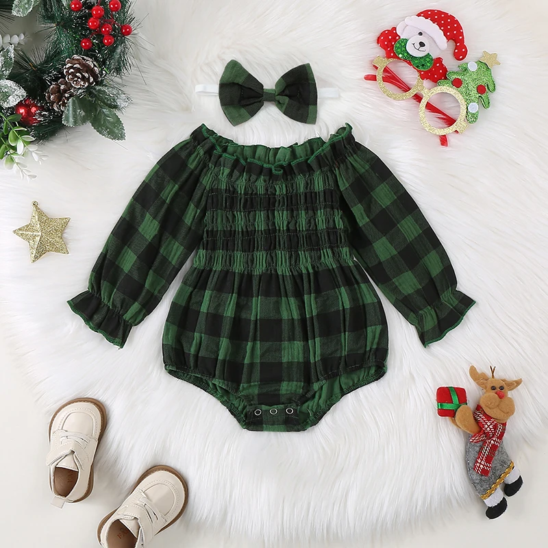 Autumn Christmas Newborn Girl Outfit Long Sleeve Off Shoulder Plaid Bodysuit Hairband Fall Xmas Clothes