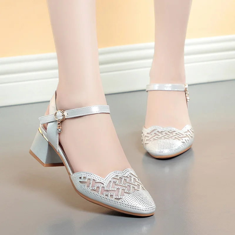 4.5cm Breathable Pointed Toe Mesh Rhinestone Med Block Heels Sandals 2024 Summer Soft Leather Shoes Women  For Office Mom Party