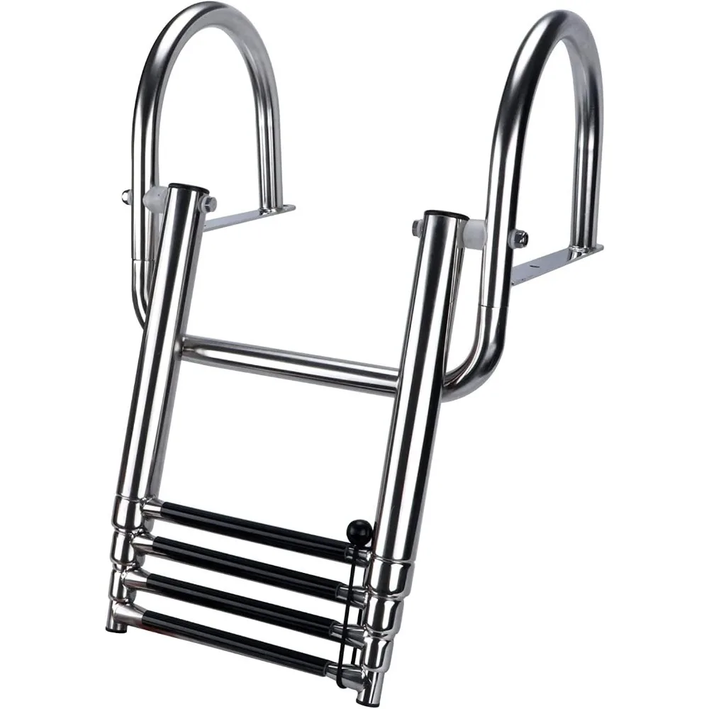 Escada dobrável telescópica de aço inoxidável para barcos pontões com pedal e corrimãos seguros